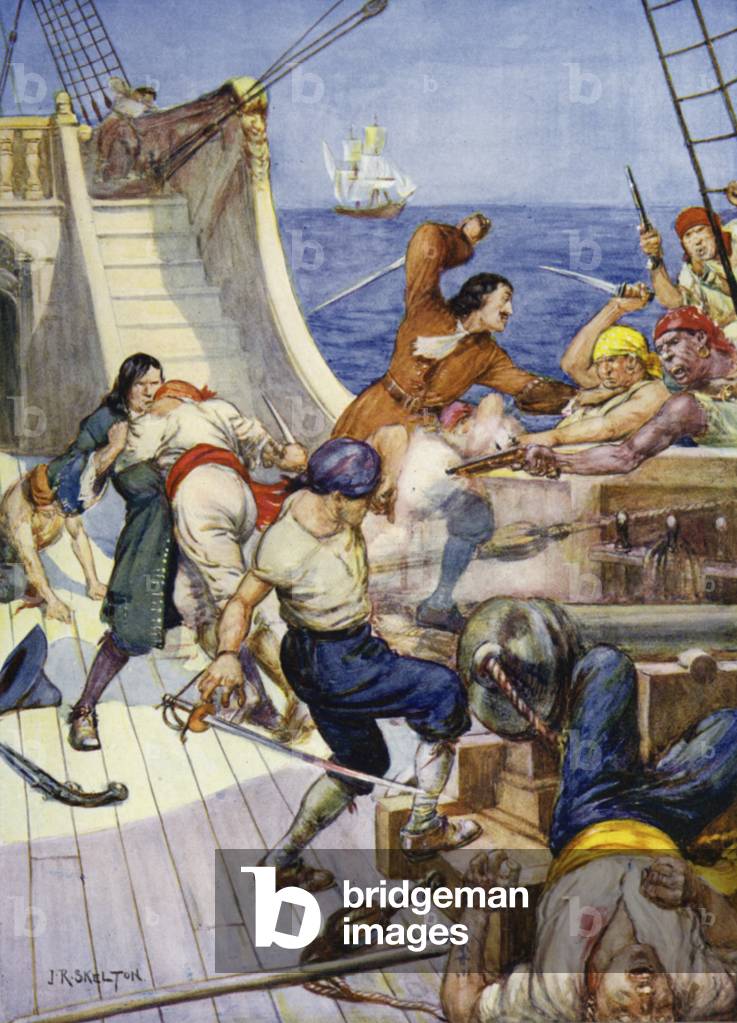 Along the main deck the fighting commenced in real ernest: scene from Black Jonathan's Gold (colour litho)