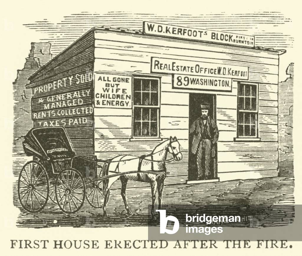 Chicago, first house erected after the fire (engraving)