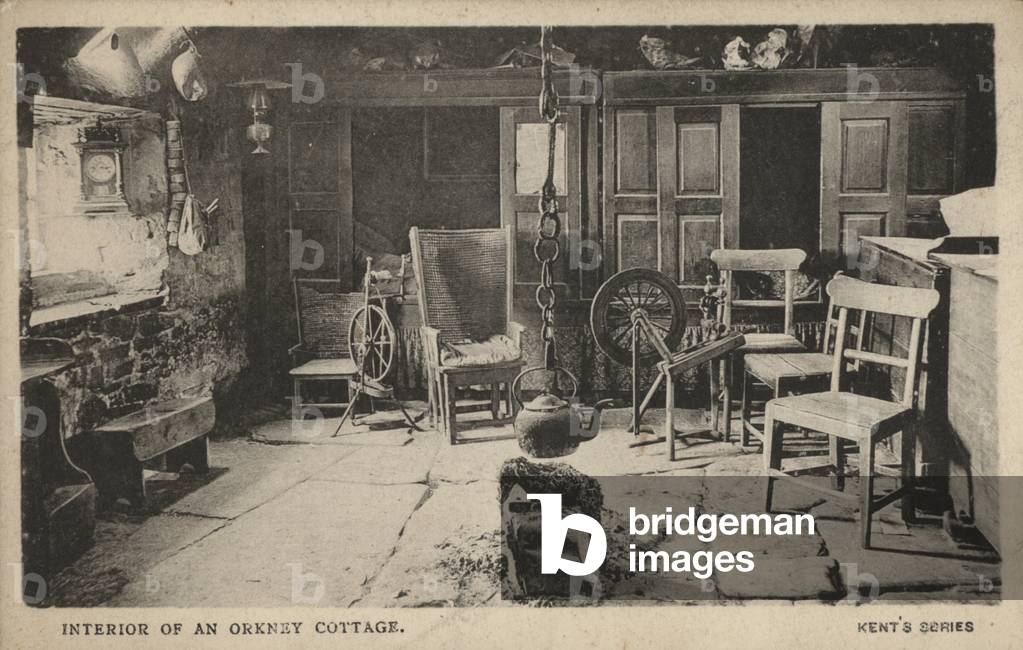Interior of a cottage, Orkney, Scotland (b/w photo)