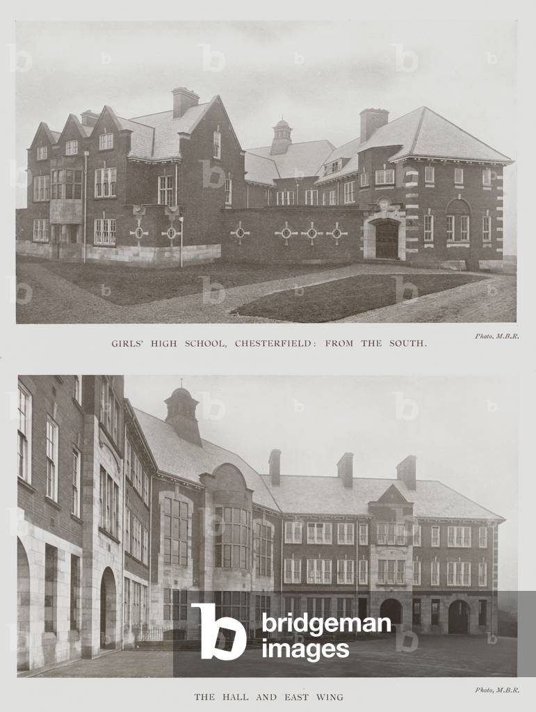Girls' High School, Chesterfield, from the South, The Hall and East Wing (b/w photo)