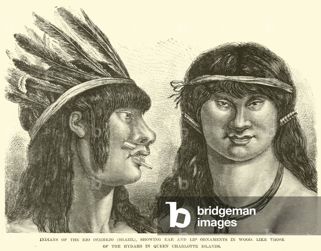 Indians of the Rio Oermejo (Brazil), showing ear and lip ornaments in wood, like those of the Hydahs in Queen Charlotte Islands (engraving)