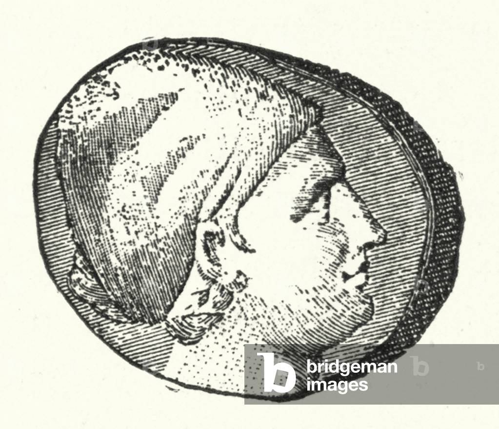Ancient coin showing the head of the Ancient Greek poet Sappho (engraving)