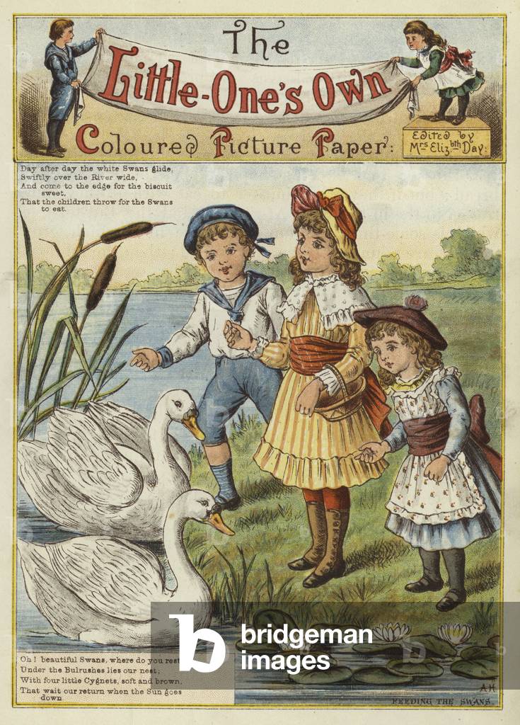 Children feeding the swans (chromolitho)