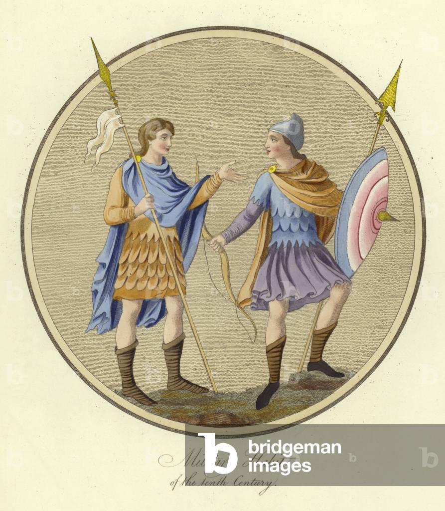 Military habits of the 9th Century (coloured engraving)