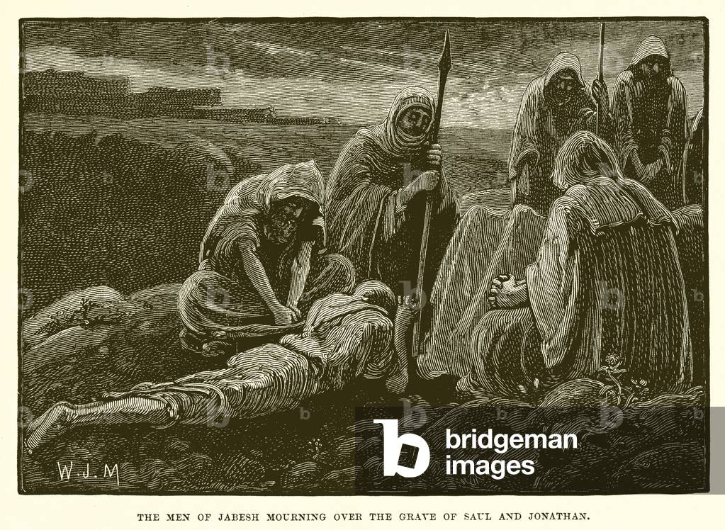 The men of Jabesh mourning over the grave of Saul and Jonathan (engraving)