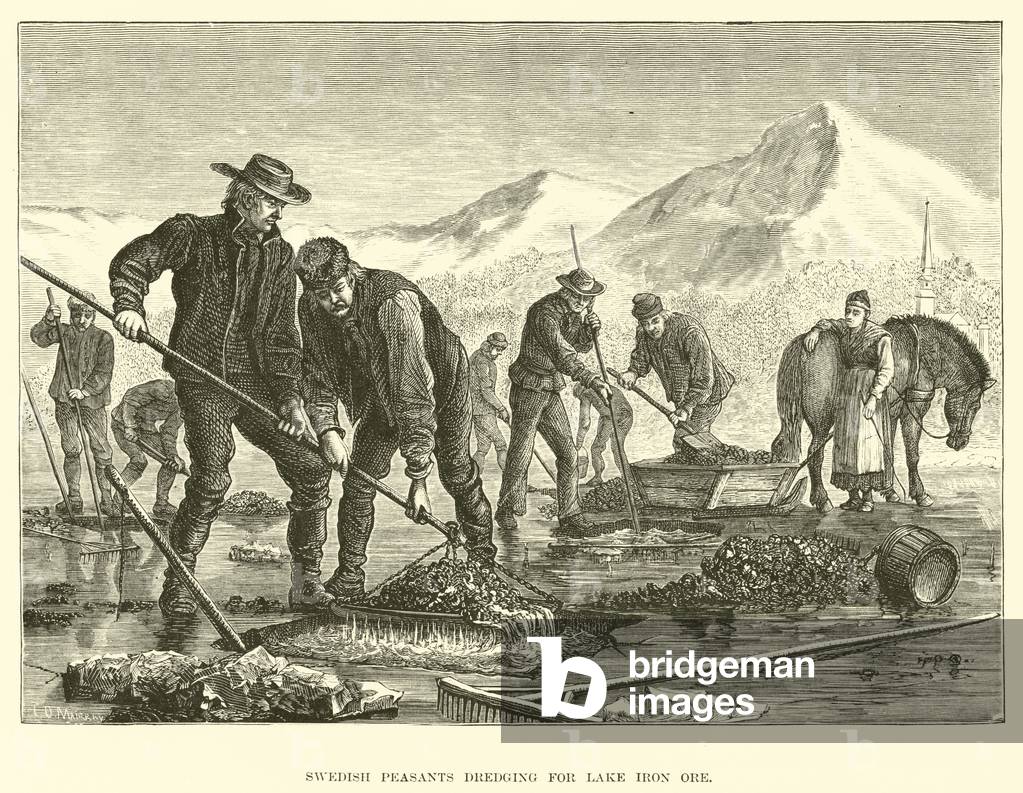 Swedish peasants dredging for lake iron ore (engraving)