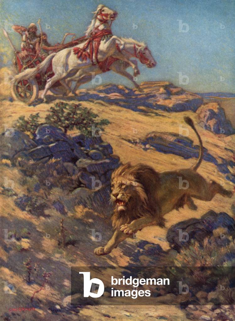 Lion hunting in old Assyria (colour litho)