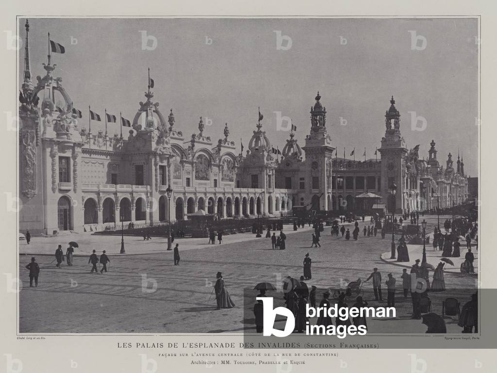 French pavilions on the Esplanade des Invalides, Exposition Universelle 1900, Paris (b/w photo)