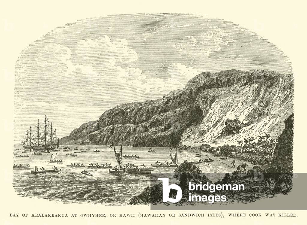 Bay of Kealakeakua at Owhyhee, or Hawii, Hawaiian or Sandwich Isles, where Cook was killed (engraving)