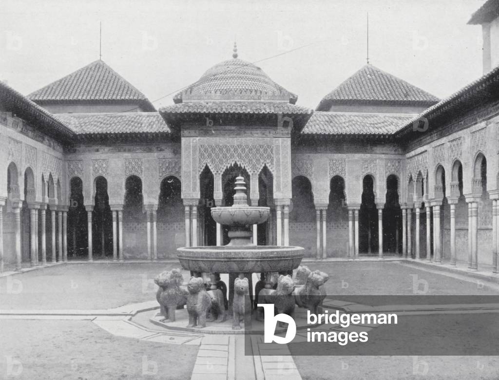 Fountain and Pavilion in the Court of the Lions, Alhambra (b/w photo)
