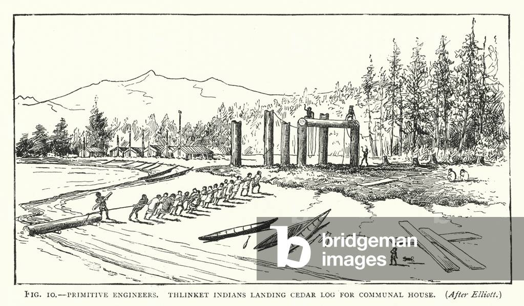 Primitive Engineers, Thlinket Indians landing cedar log for communal house (litho)