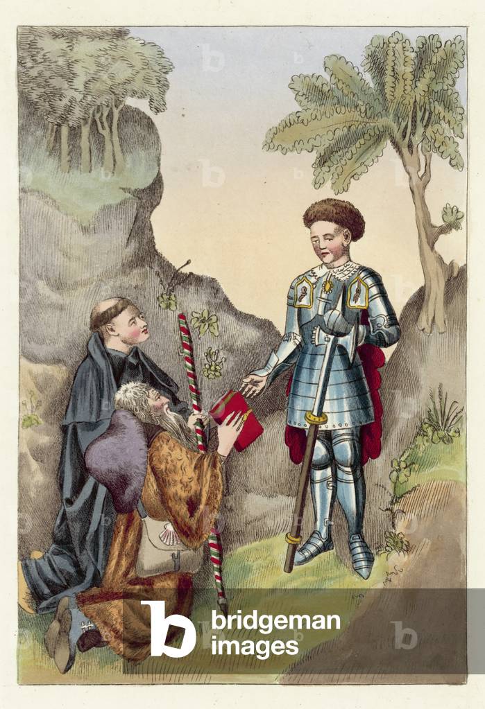 The Earl of Salisbury and John Lydgate (coloured engraving)