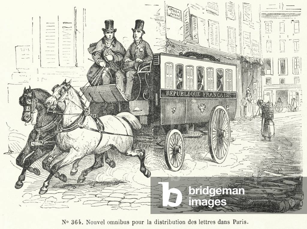 New postal omnibus for distributing letters in Paris (engraving)