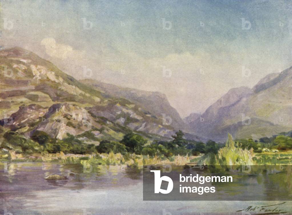 On the River Seiont, Carnarvonshire, Evening Glow (colour litho)