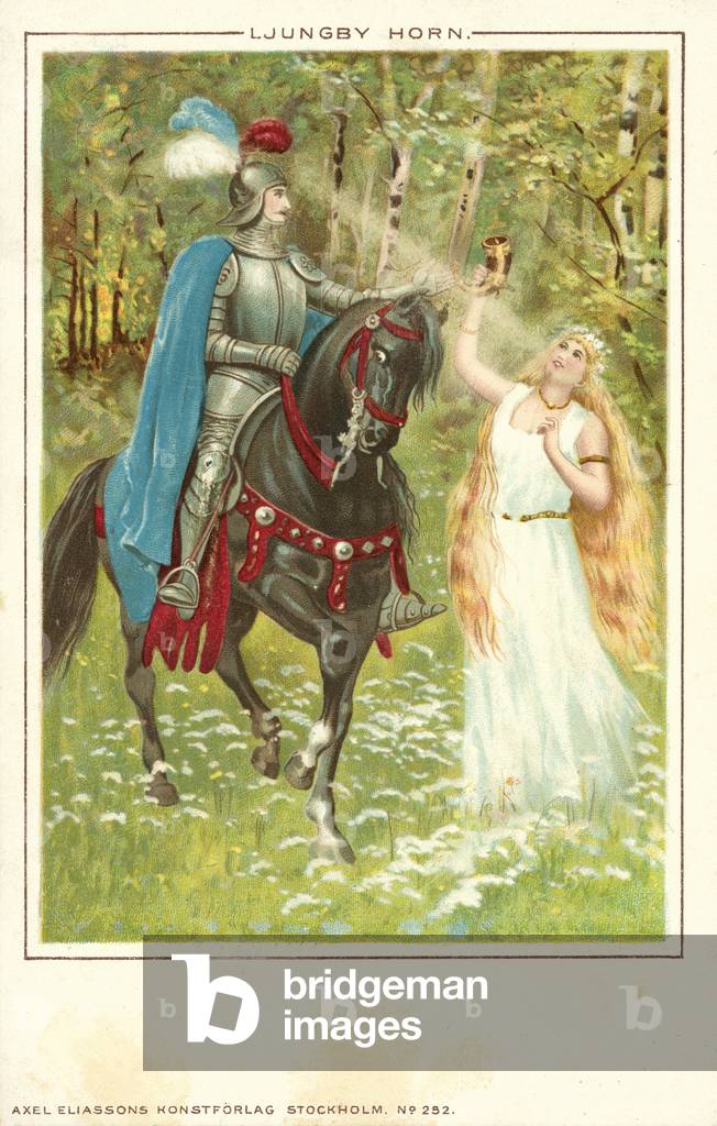Knight on horseback encountering a maiden holding up the Ljungby Horn, scene from a Swedish folk tale (chromolitho)