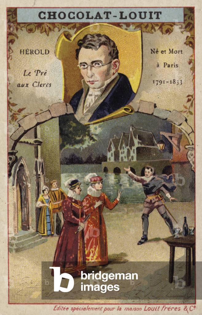 Ferdinand Herold, French composer, and a scene from his opera Le Pre aux Clercs (chromolitho)