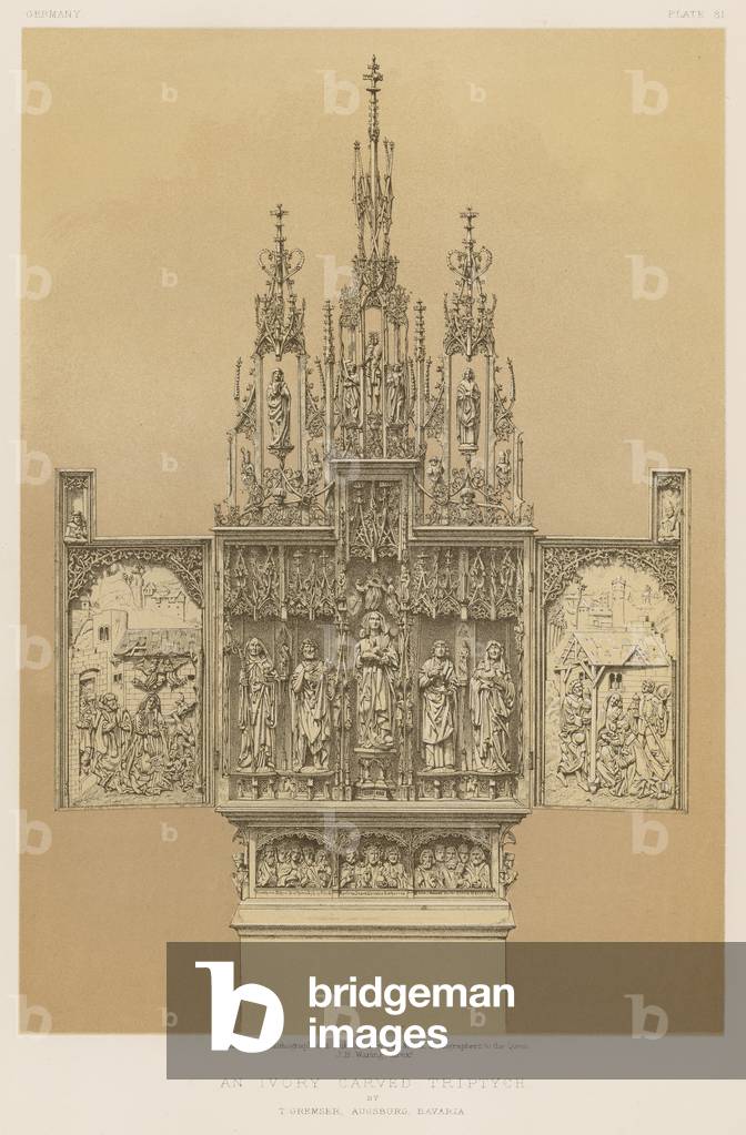 An Ivory Carved Triptych by T Gremser, Augsburg, Bavaria (chromolitho)