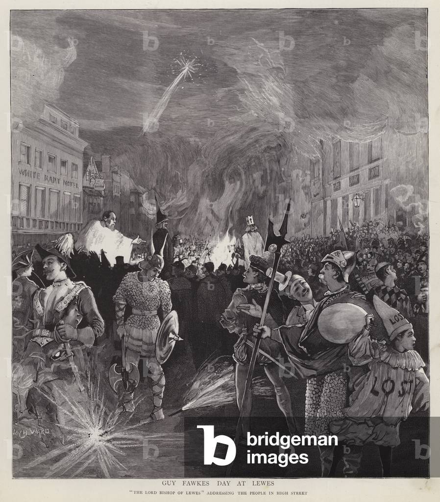 Guy Fawkes Day procession in Lewes, Sussex, 5 November 1892 (litho)