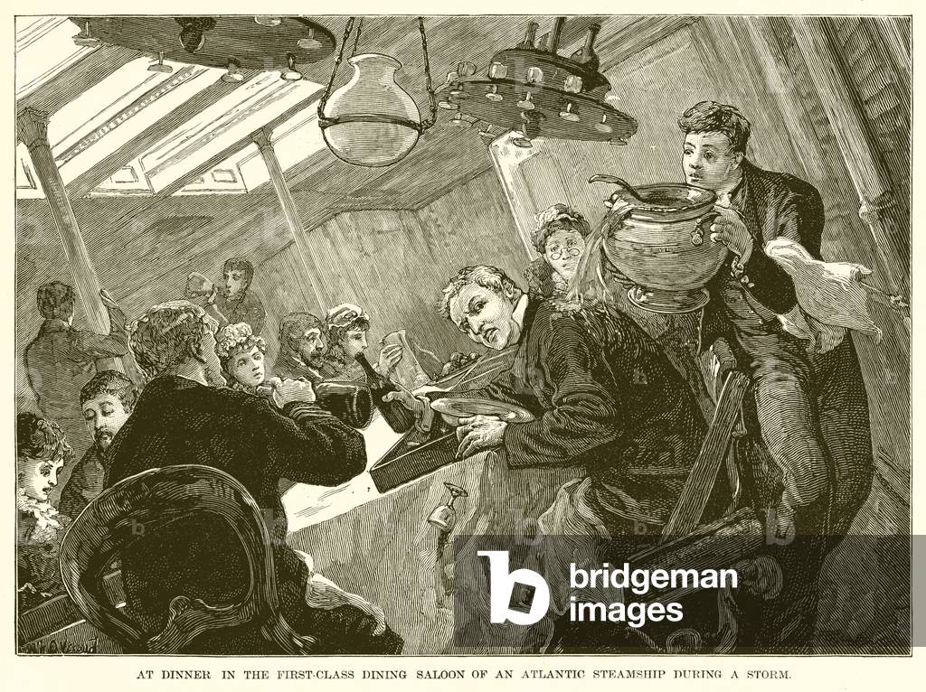 At Dinner in the First-Class Dining Saloon of an Atlantic Steamship during a Storm (engraving)