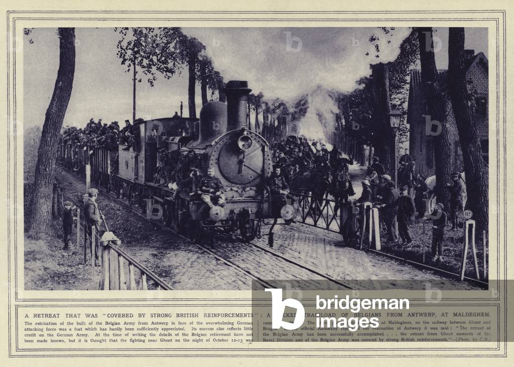 A retreat that was covered by strong British reinforcements, a packed trainload of Belgians from Antwerp, at Maldeghem (b/w photo)