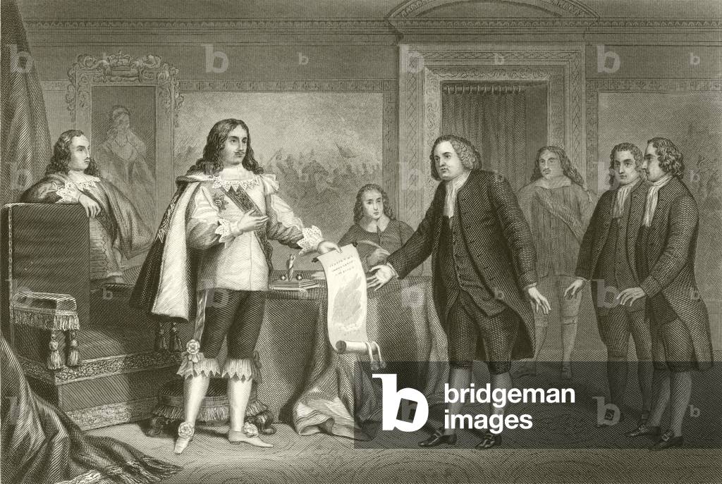 William Penn receiving the Charter of Pennsylvania from Charles II (engraving)