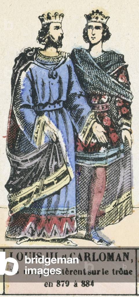 Louis III et Carloman, 28 rois, monterent sur le trone en 879 a 884 (coloured engraving)