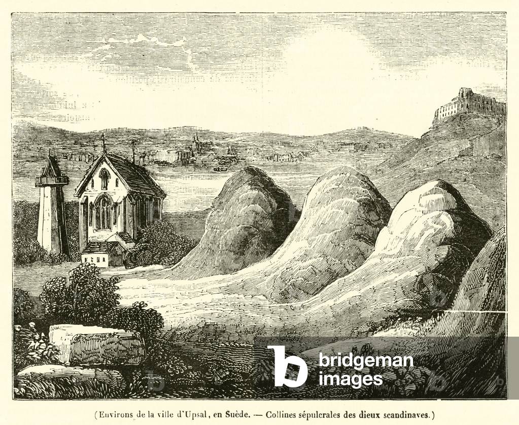 Environs de la ville d'Upsal, en Suede, Collines sepulcrales des dieux scandinaves (engraving)