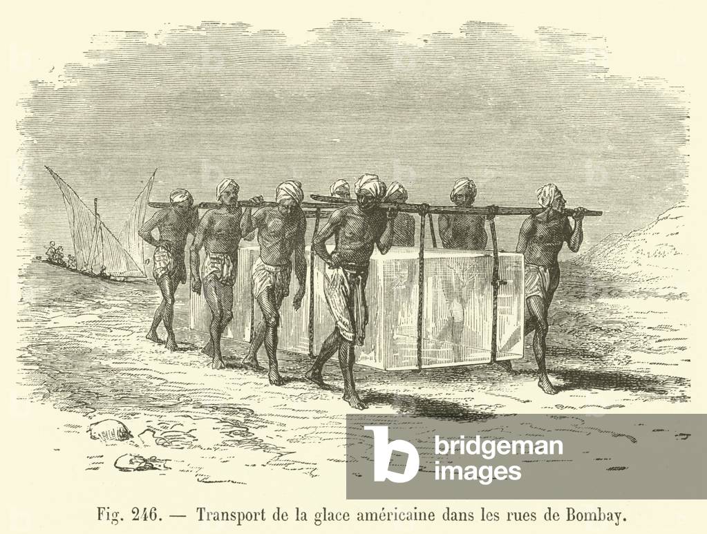 Transport de la glace americaine dans les rues de Bombay (engraving)