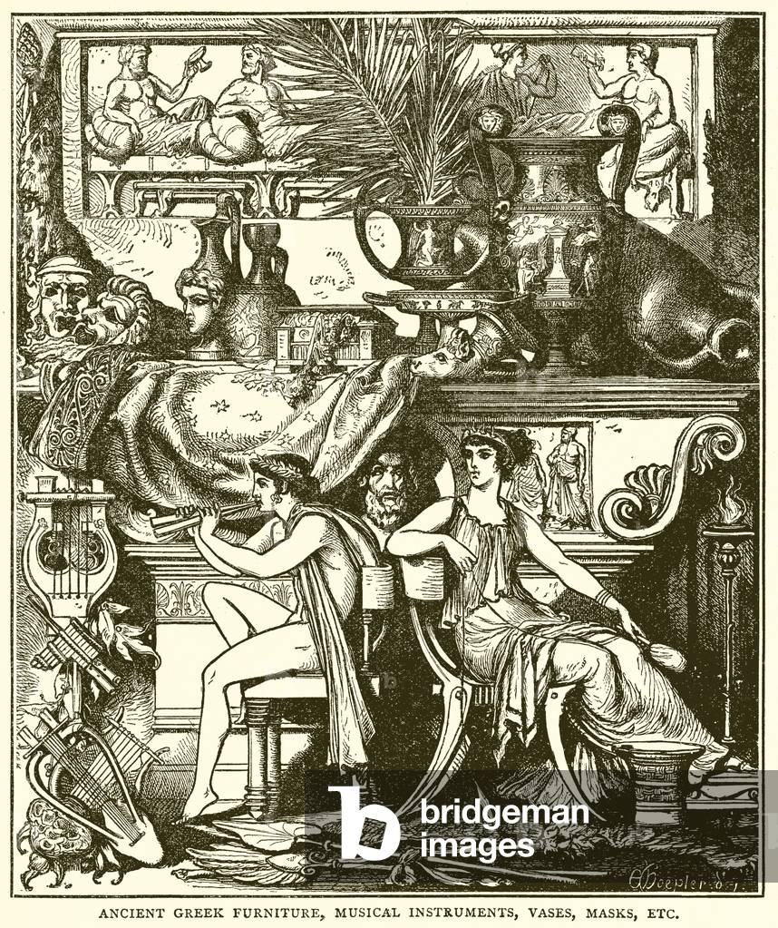 Ancient Greek Furniture, Musical Instruments, Vases, Masks, Etc. (engraving)