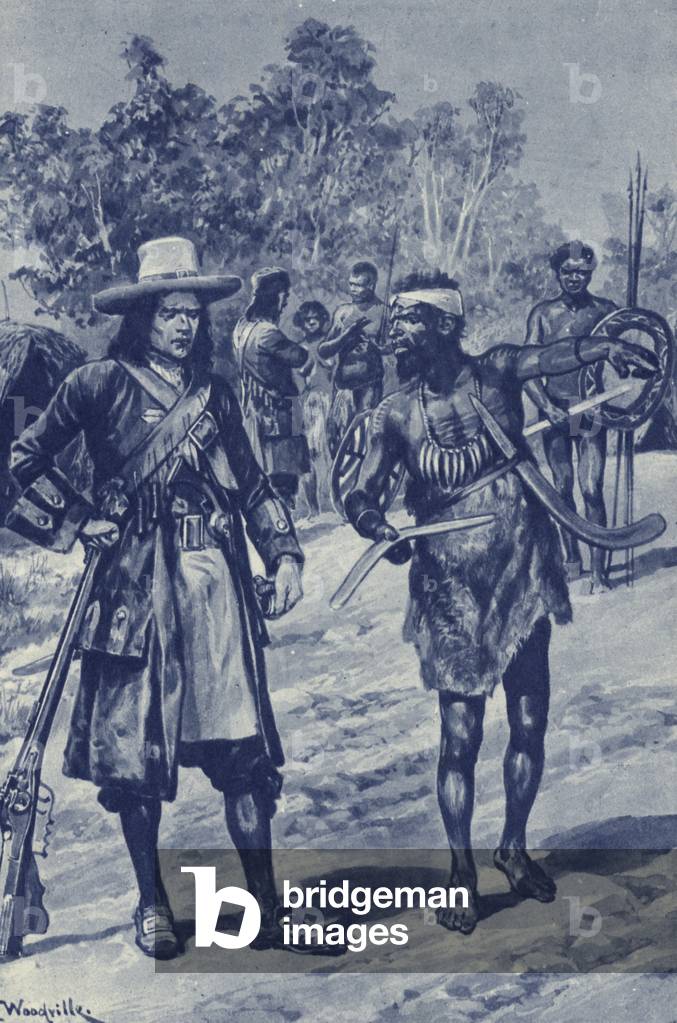 Captain William Dampier, exploring the Western Coast of Australia, sees a boomerang for the first time (litho)