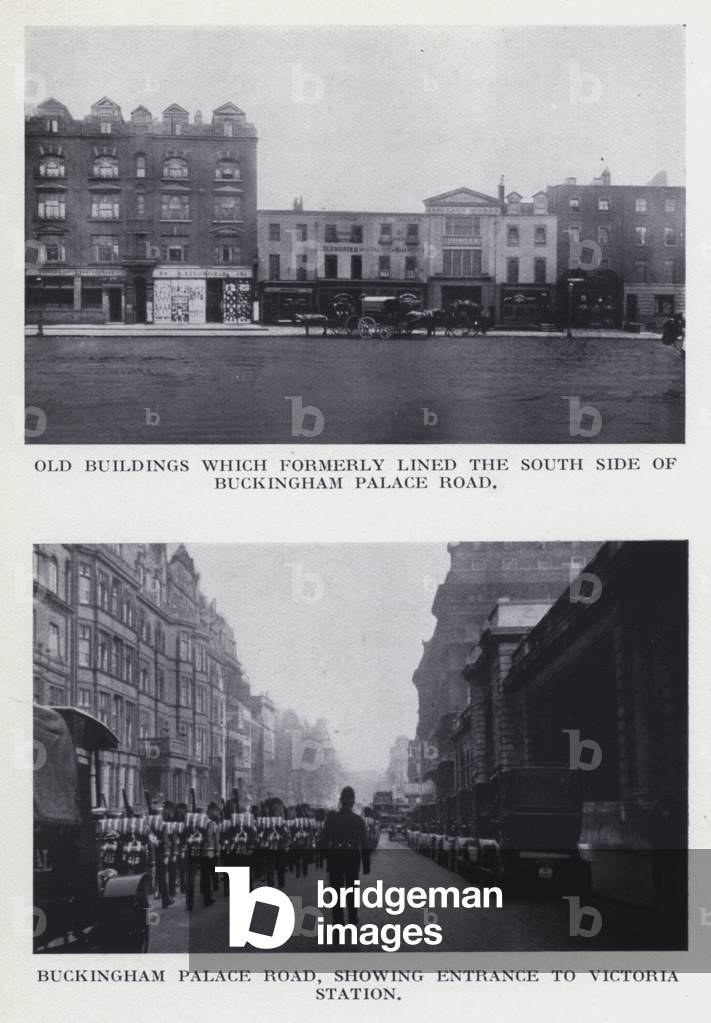 Old buildings which formerly lined the south side of Buckingham Palace Road; Buckingham Palace Road, showing entrance to Victoria Station (b/w photo)