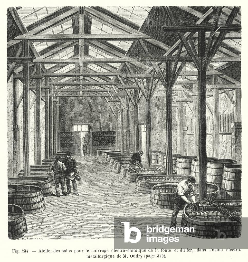 Atelier des bains pour le cuivrage electro-chimique de la fonte et du fer, dans l'usine electro-metallurgique de M Oudry (engraving)