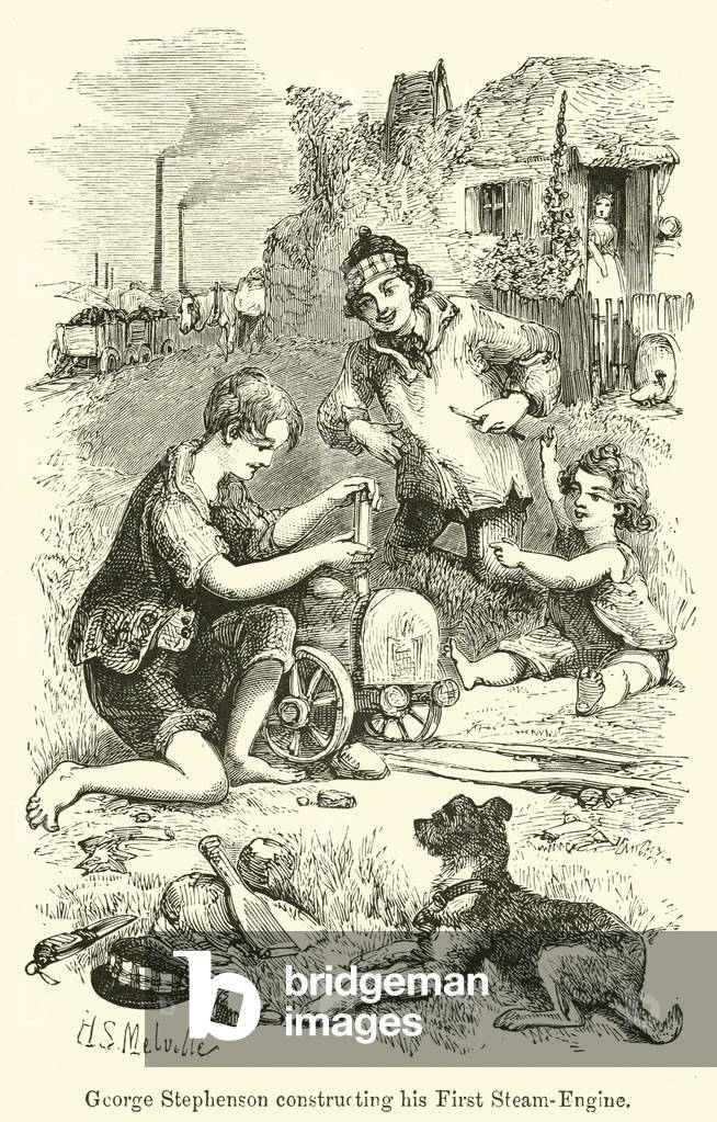 George Stephenson constructing his First Steam-Engine (engraving)