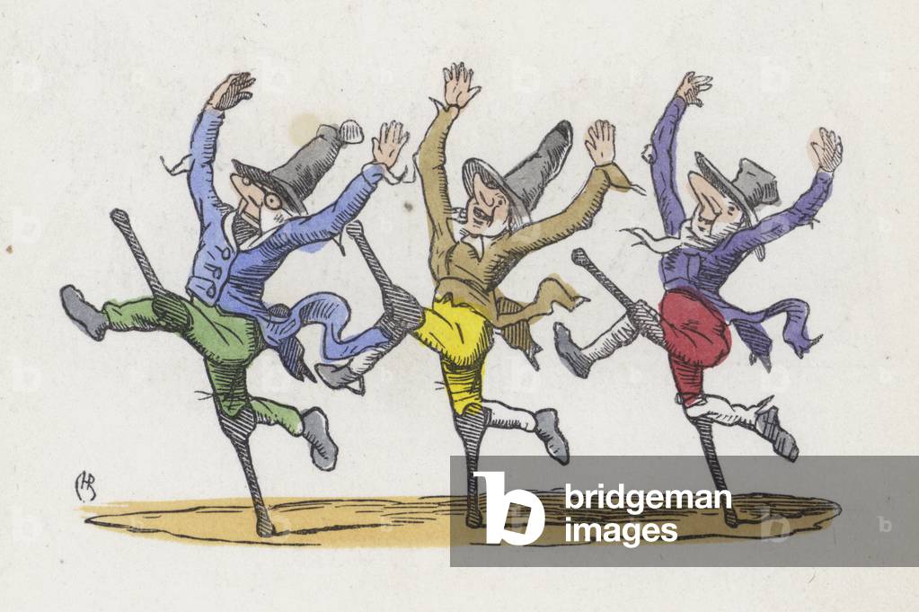 Three beggars running away after pretending to be diasabled (coloured engraving)