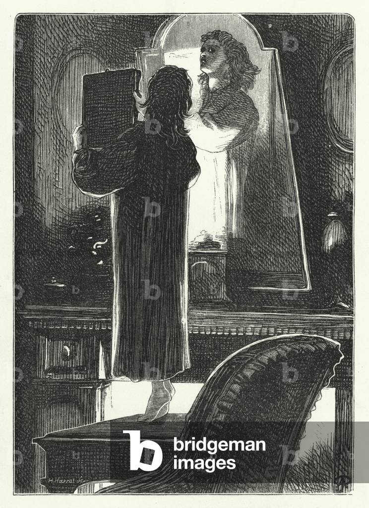 Mary trying to look at her profile (engraving)