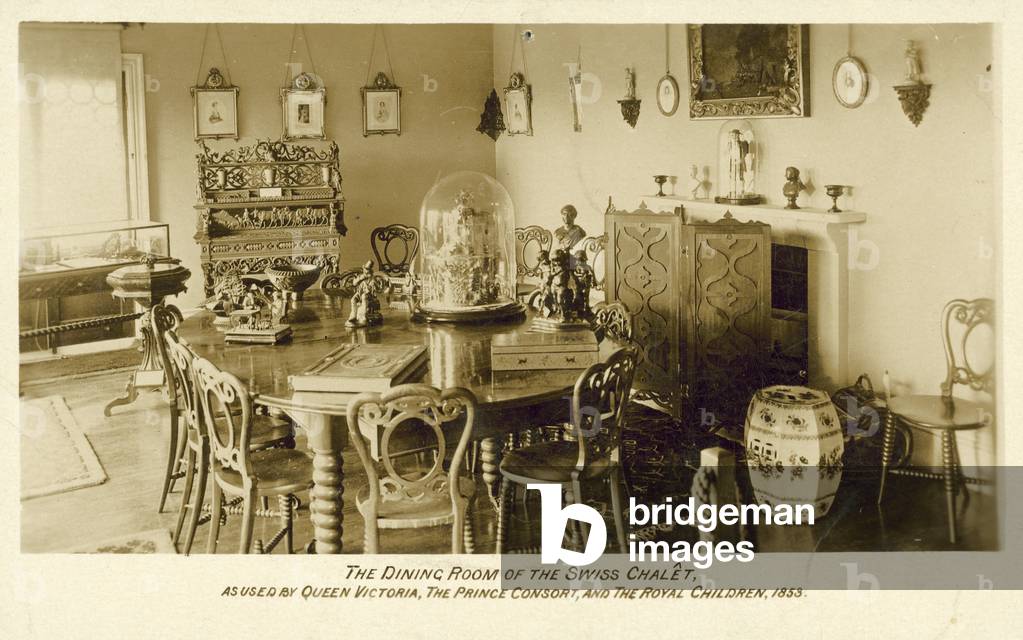Dining room, Swiss chalet where Queen Victoria stayed, 1853 (b/w photo)