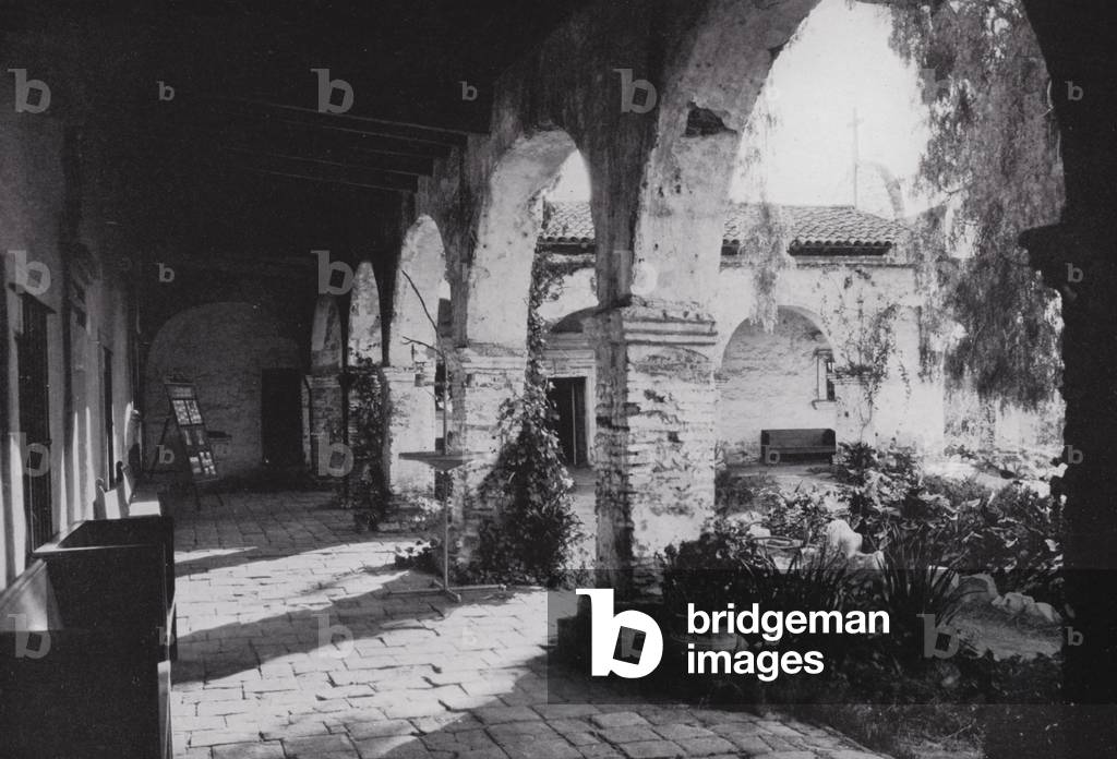 California: Mission San Juan Capistrano, founded 1776, south of Los Angeles (b/w photo)