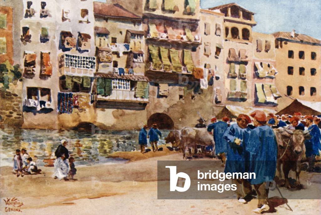 Gerona, the cattle market (colour litho)