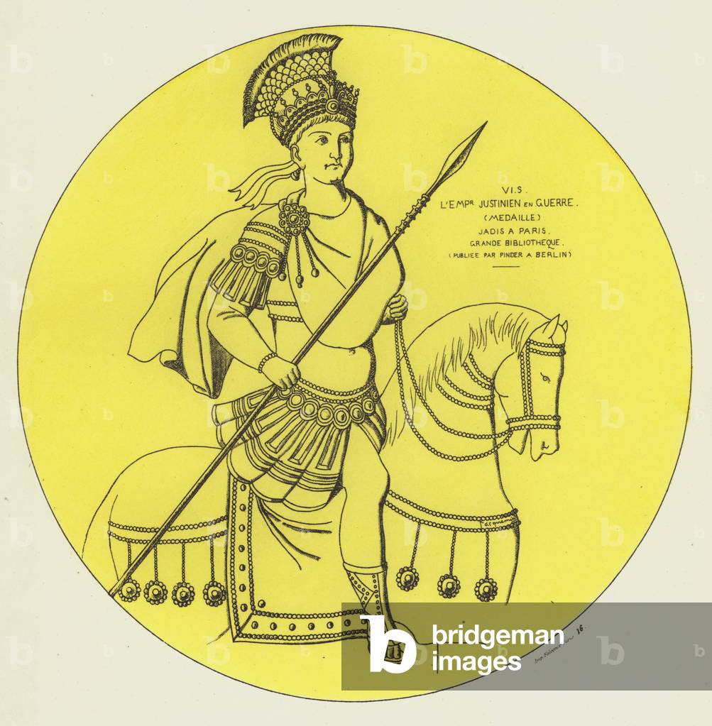 L'empereur Justinien en guerre (colour litho)