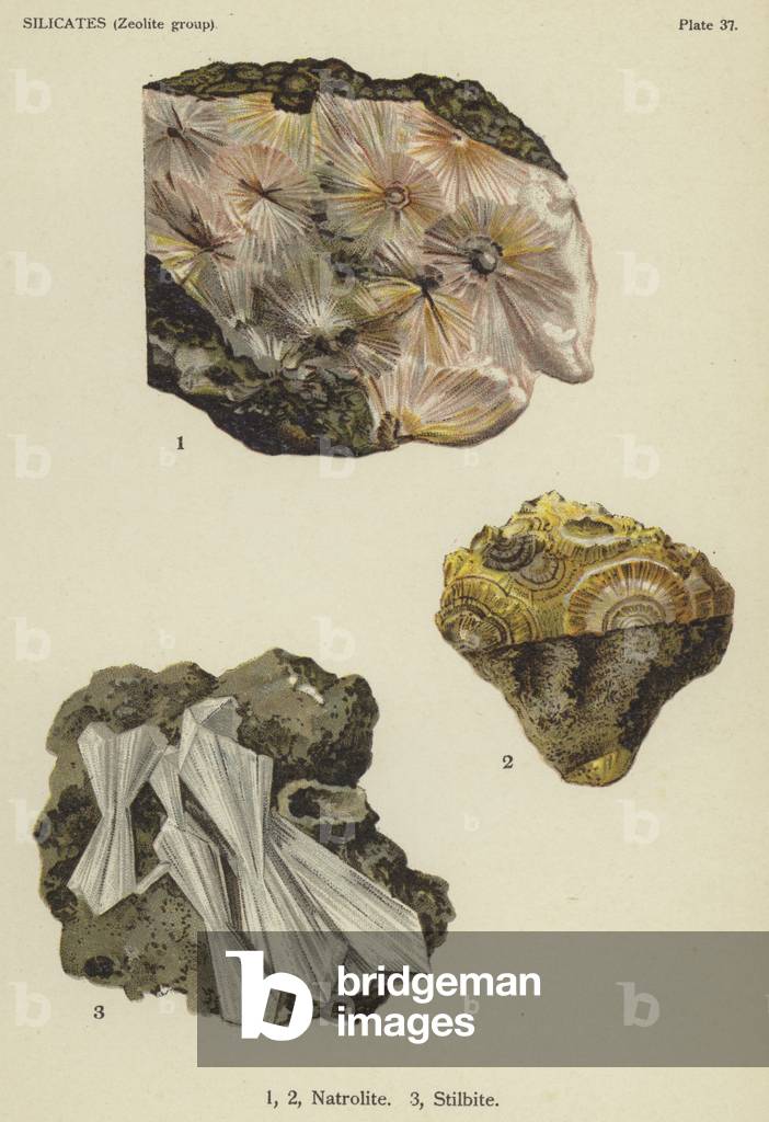 Silicates (zeolite group), natrolite, stilbite (colour litho)