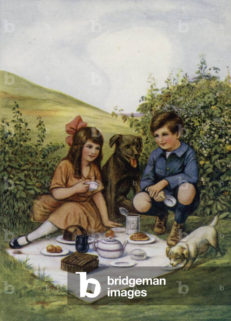 Children enjoying a picnic in the countryside (colour litho)