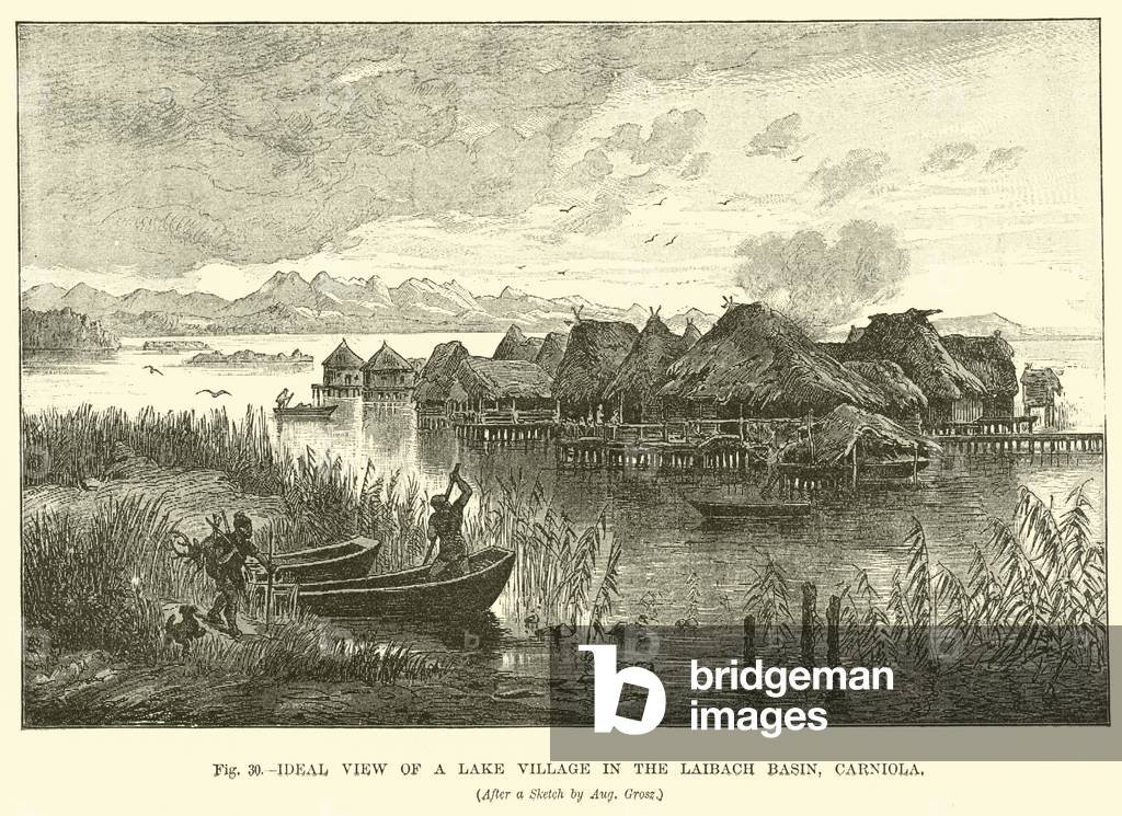 Ideal view of a lake village in the Laibach Basin, Carniola (engraving)