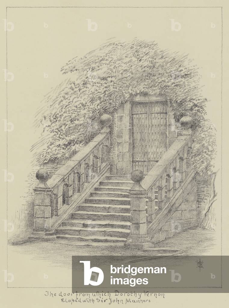 Haddon Hall, The door from which Dorothy Vernon eloped with Sir John Manners (litho)