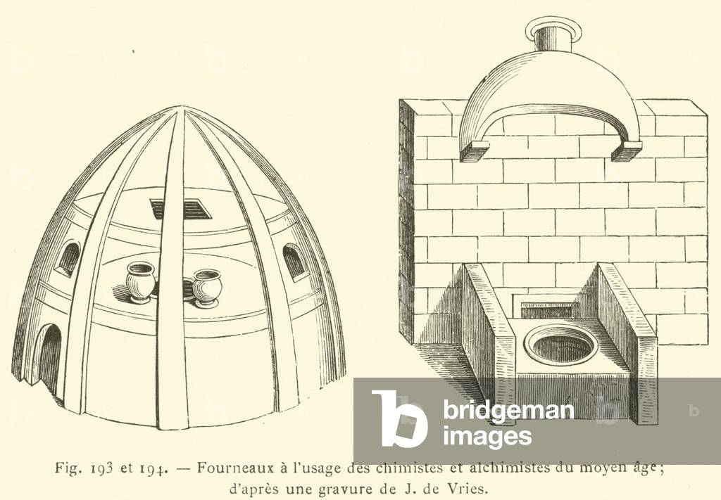 Fourneaux a l'usage des chimistes et alchimistes du moyen age (engraving)
