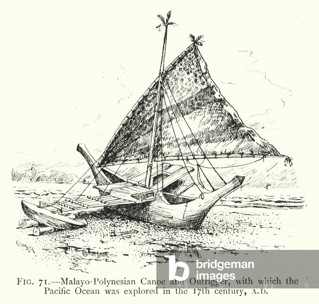 Malayo-Polynesian Canoe and Outrigger, with which the Pacific Ocean was explored in the 17th century, AD (litho)