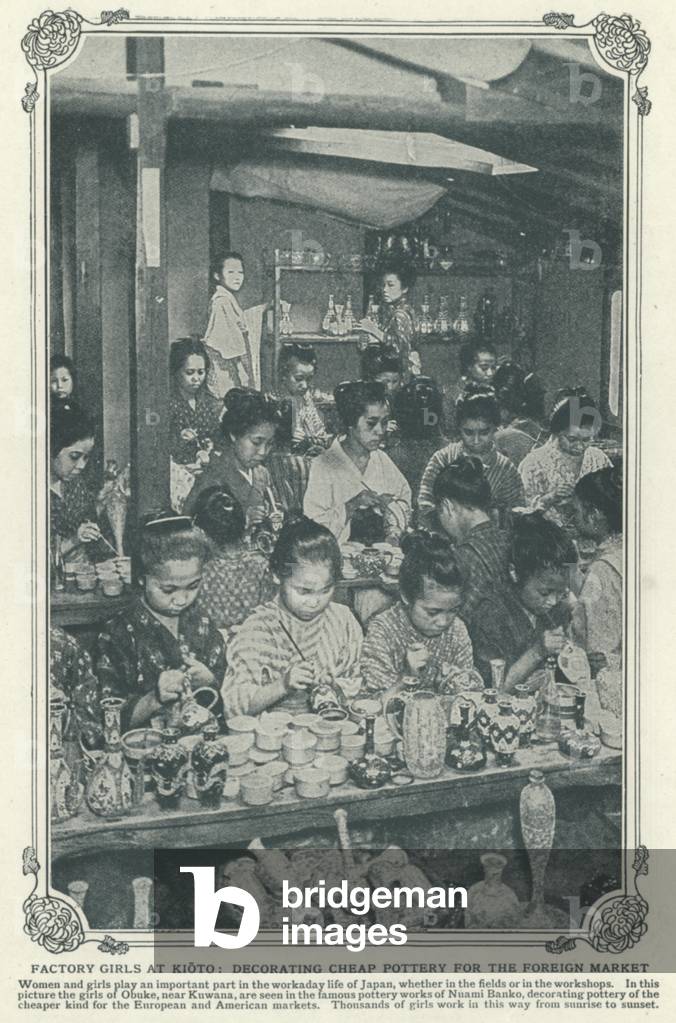 Factory girls at Kioto, decorating cheap pottery for the foreign market (litho)
