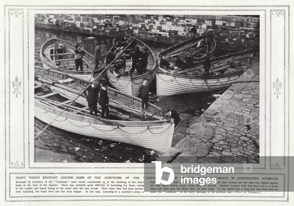 Craft which brought ashore some of the survivors of the Lusitania, five of the ship's life-boats in Queenstown Harbour (b/w photo)