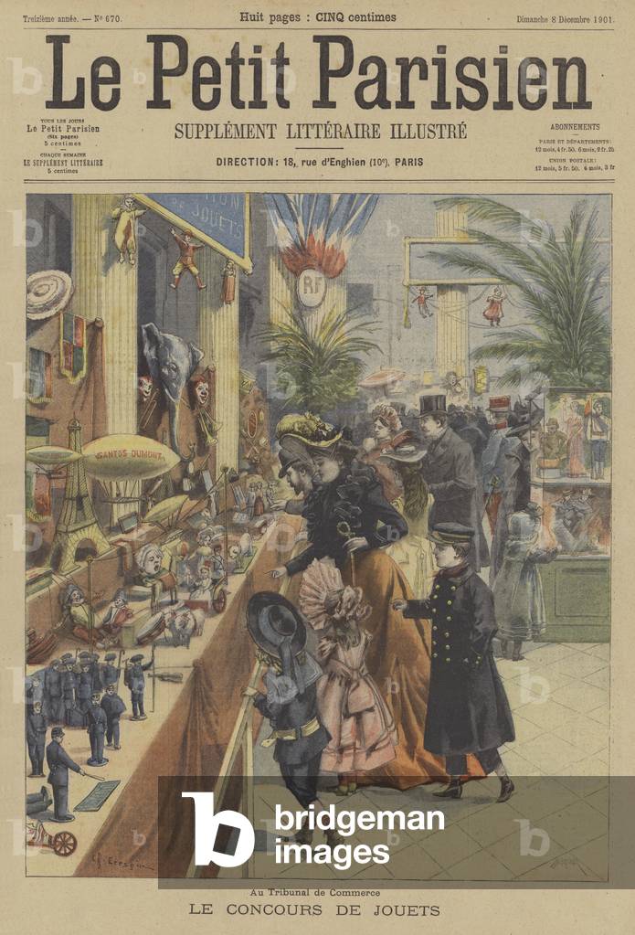 Toy exhibition at the Tribunal de Commerce, Paris (colour litho)