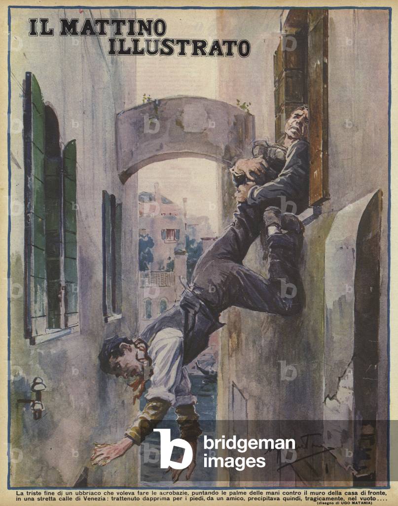 Sad demise of a drunk who fell to his death from the window of a house while attempting to perform a stunt reaching across a narrow street in Venice, Italy (colour litho)