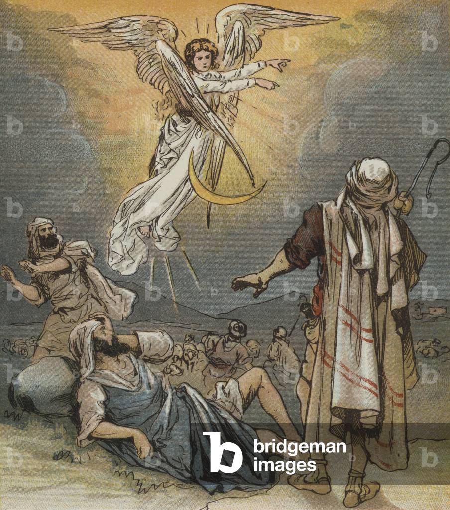 News of Christs birth being announced to the shepherds (colour litho)